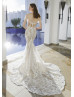 Ivory Floral Lace Tulle Glitter Wedding Dress With Detachable Straps